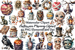 Watercolor Halloween Mummy Clipart, an Illustration by DreamCafeArt