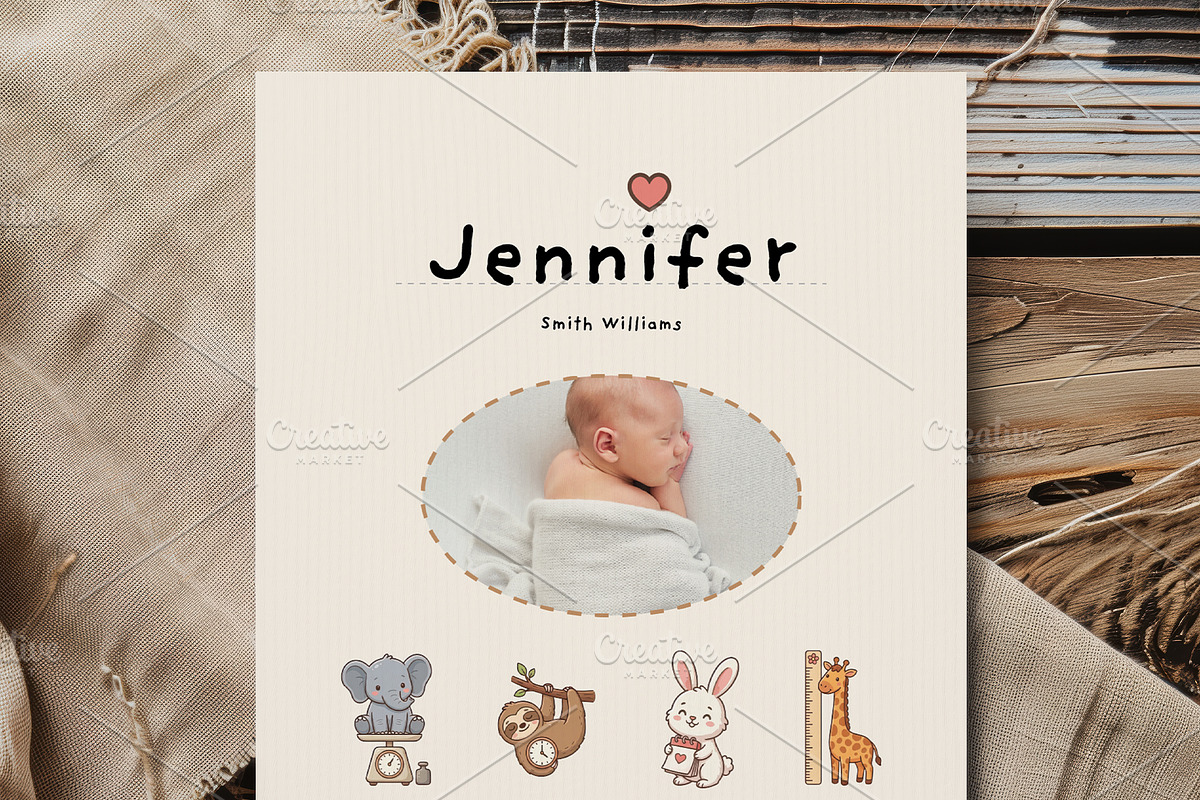 Cute Birth Card With Animal Icons, a Card Template by Filip Studio (Photo 2 of 4)