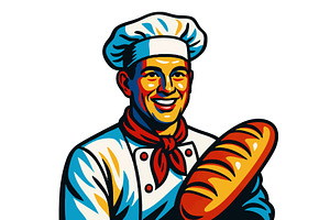 Smiling Baker Holding Freshly Baked, a Food Illustration by AlexArt