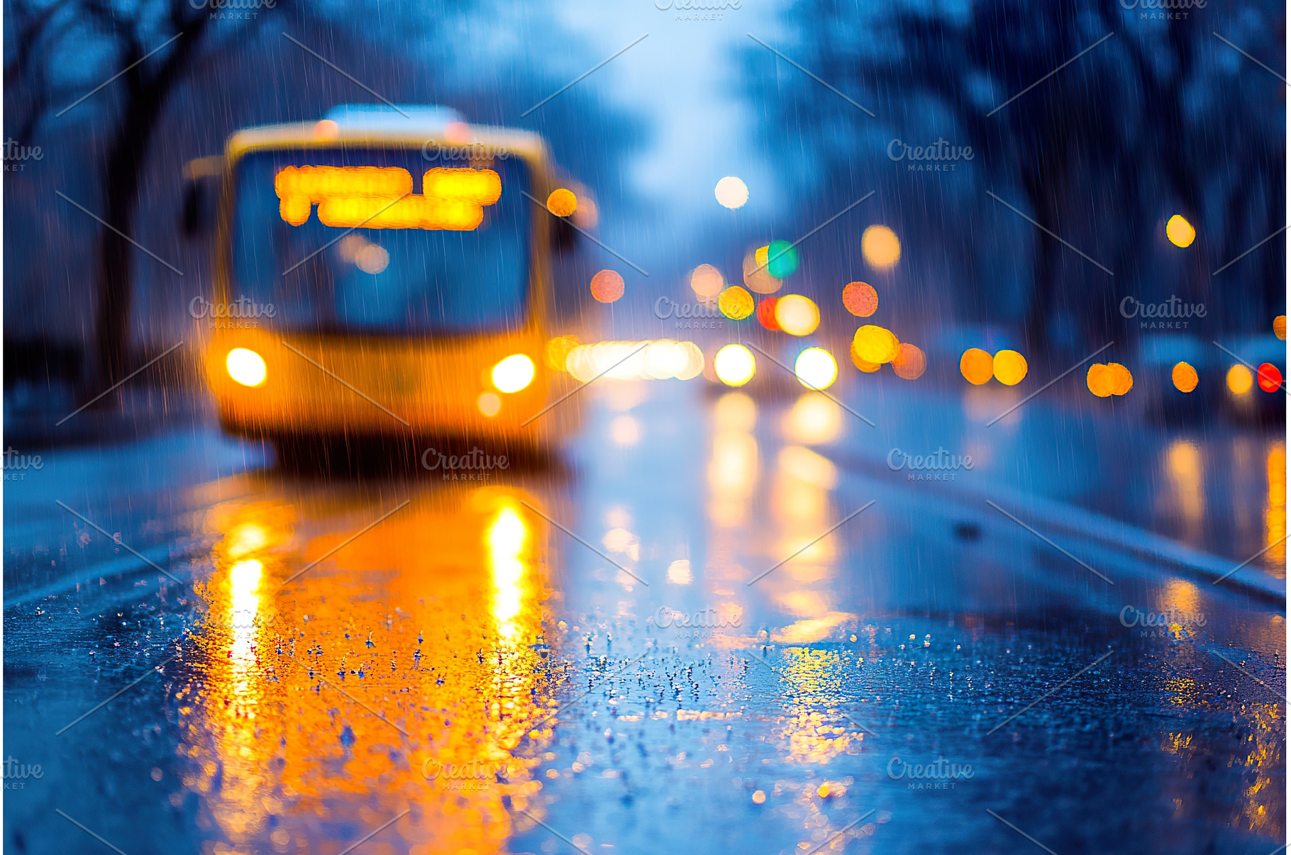 Rainy city evening with bus and car, a Transportation Photo by Lermont51