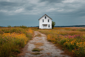 White house in wildflowers, a Photo by Beautiful things
