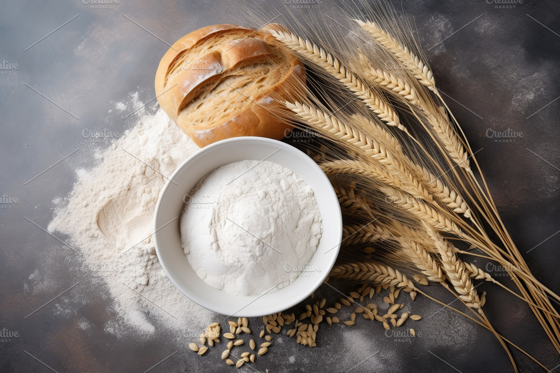 Flour in wooden bowl with wheat ears and bread on grey background, a Food & Drink Photo by AlyaAnd