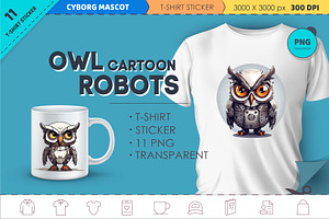 Cartoon owl robots. T-Shirt, Sticker, an Animal Illustration by KENO Mascots
