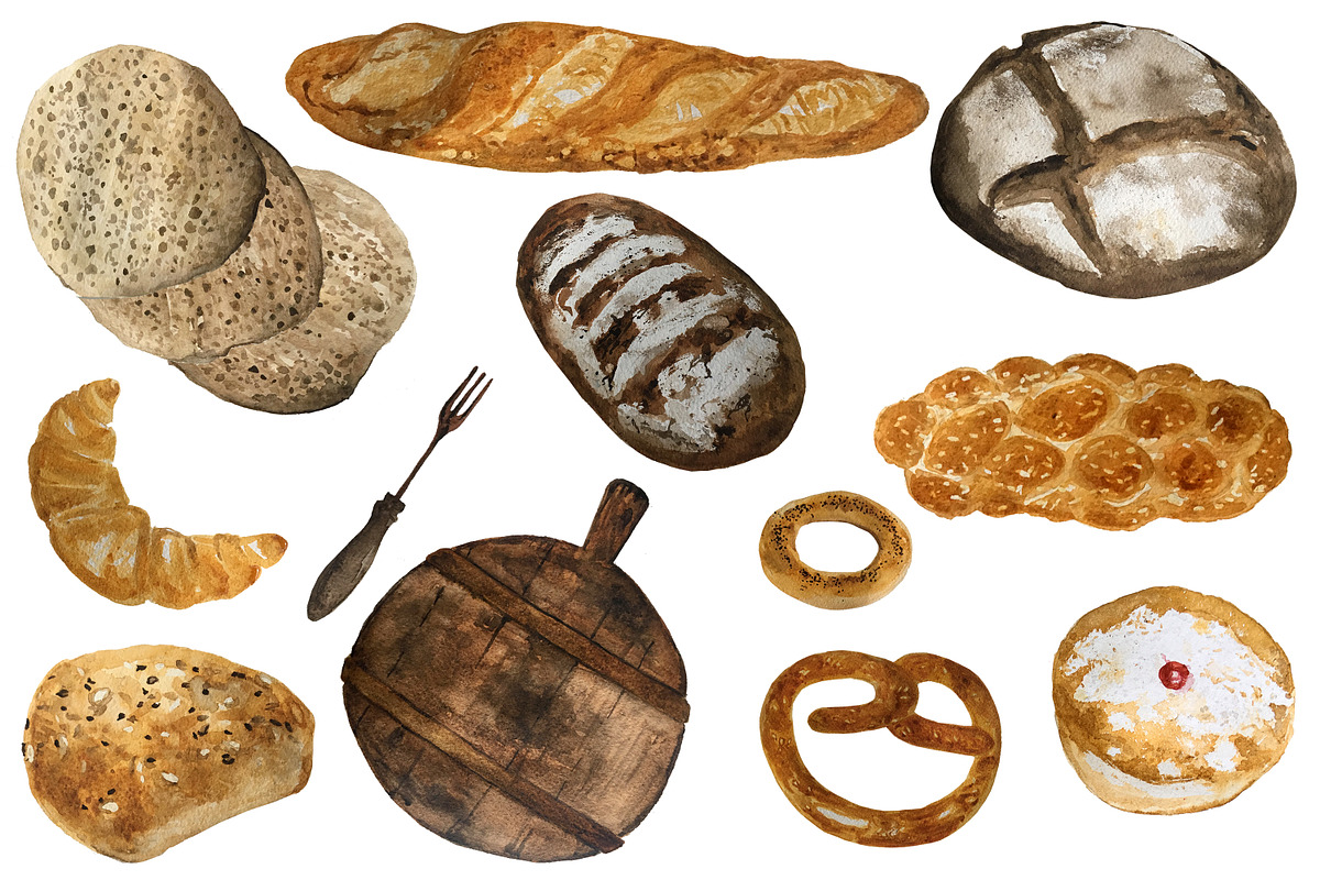 Bakery and bread watercolor, a Food Illustration by Bychovsky design (Photo 2 of 6)