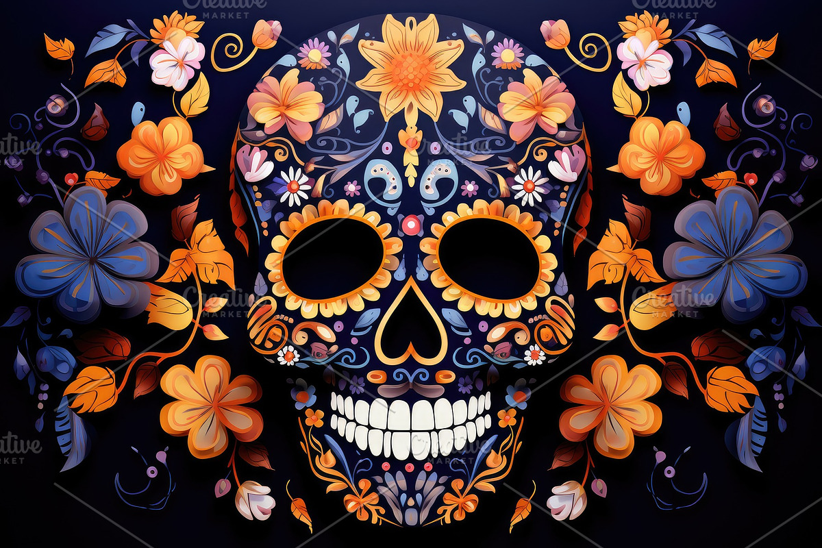Vivid Celebration of Life: Day of the Dead Sugar Skull in Bloom, a Seasonal Illustration by José Manuel Gelpi