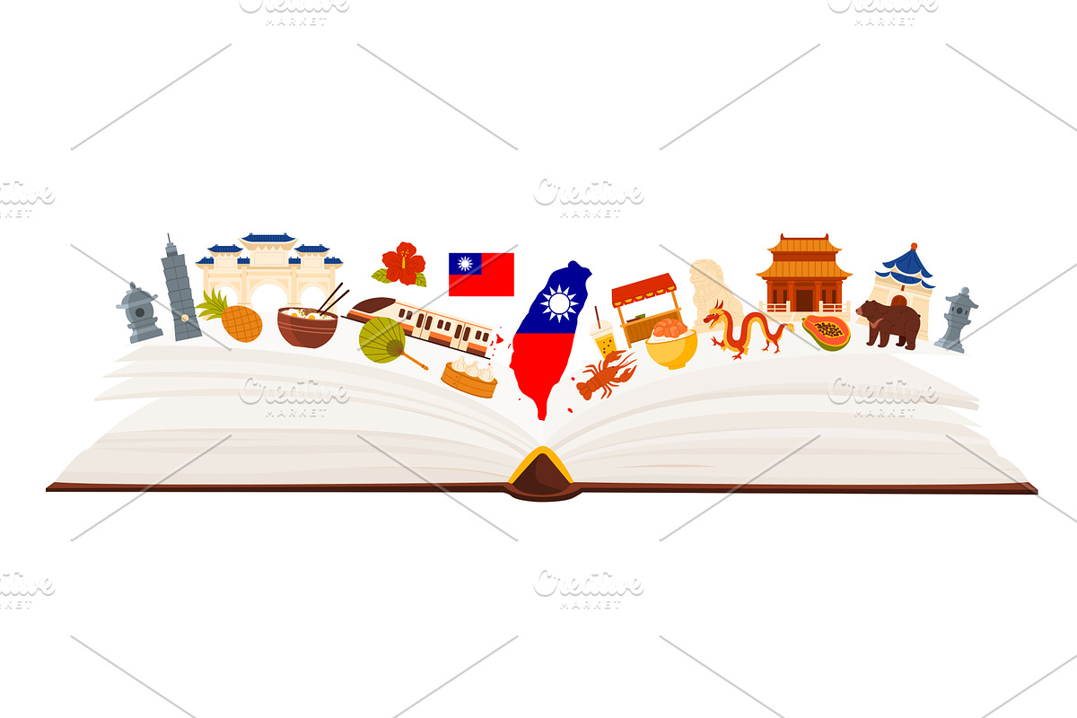 Taiwan Culture Elements Open Book, an Education Illustration by Flashvector