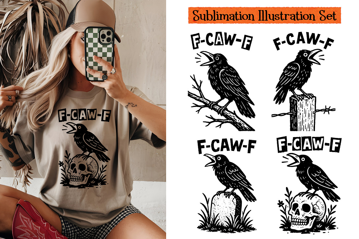 F-CAW-F Crow Sublimation PNG Set, an Animal Illustration by Heather Green Designs (Photo 1 of 5)
