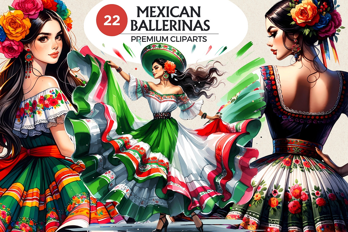 Mexican ballerinas Clipart Set, a Person Illustration by ThatsDesignArt (Photo 1 of 10)