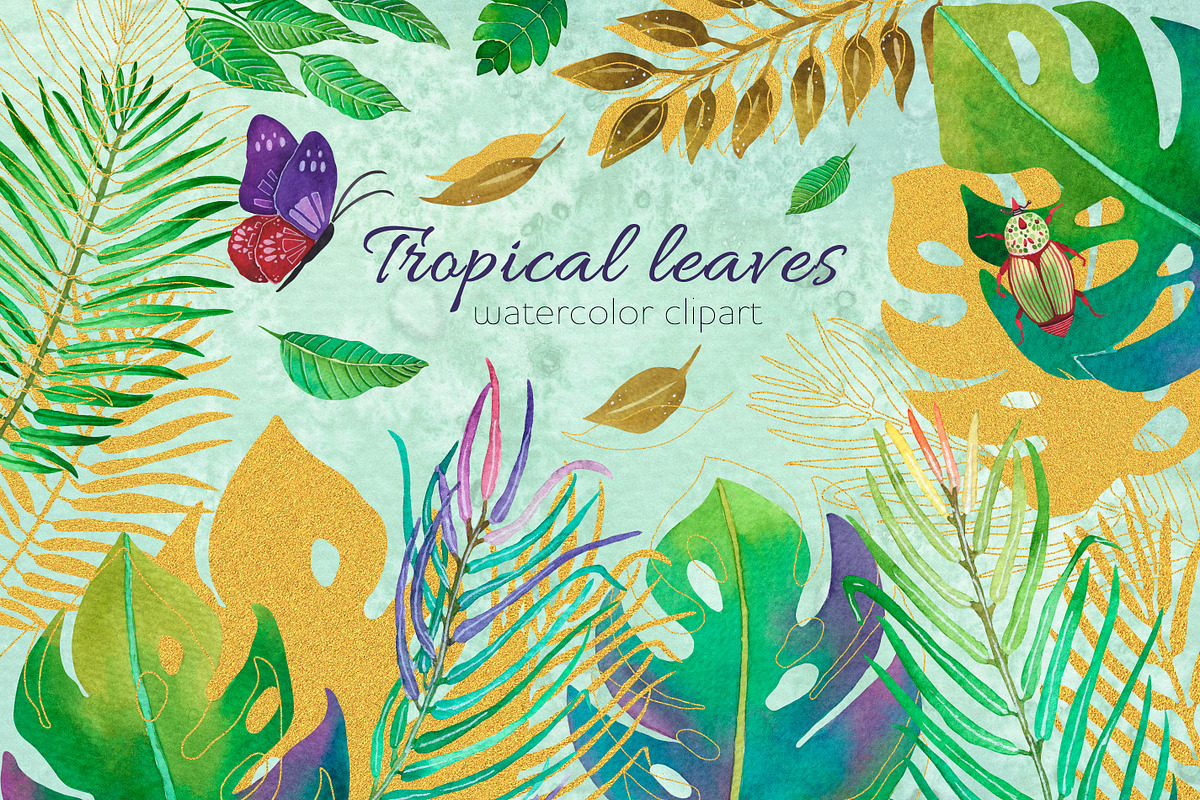 Green and gold leaves clipart, a Decorative Illustration by AnastasiaWatercolor (Photo 1 of 6)