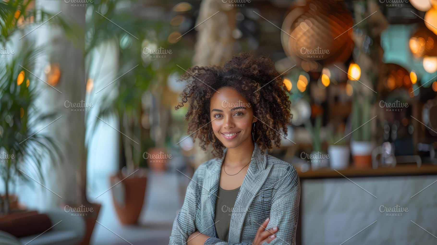 Confident Young African American Businesswoman Smiling in Stylish Office Enviro, a Photo by AS photostudio