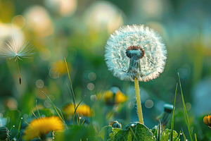A single dandelion seed head against, a Photo by LOGOCREATIVE