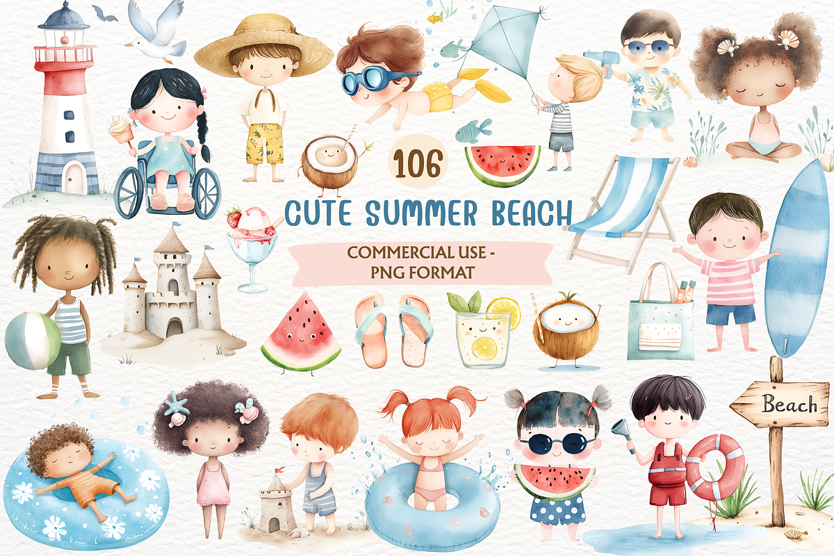 Cute Summer Beach Watercolor PNG, a Person Illustration by SugarCloudStudioArt (Photo 1 of 6)