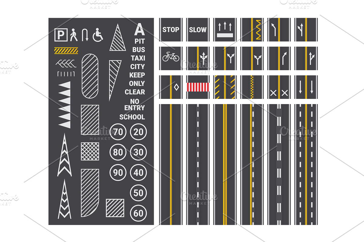 Road marking. Asphalt surface marks, an Illustration by Stock-Smart-Start