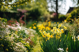 Lush spring garden full of yellow narcissus daffodils and white, a Photo by Studio ANNA