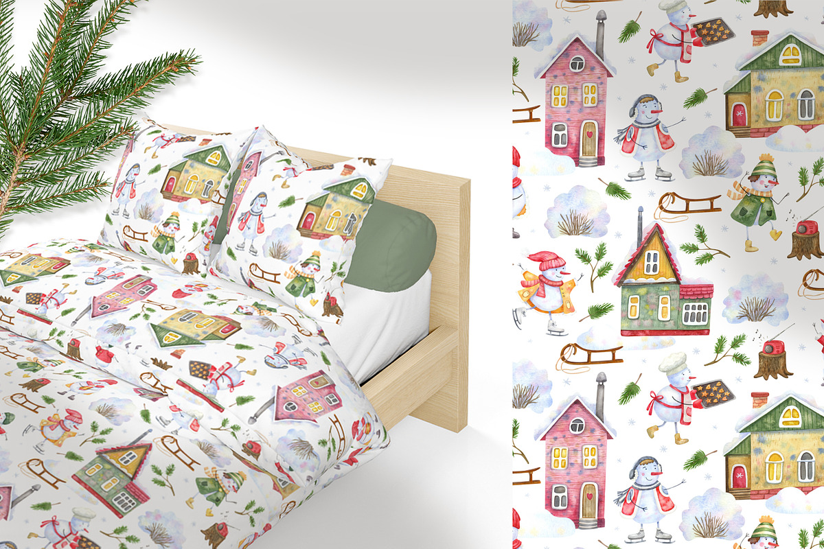Snowmen Village Watercolor Clipart, an Illustration by Anna Druzhkova (Photo 9 of 20)