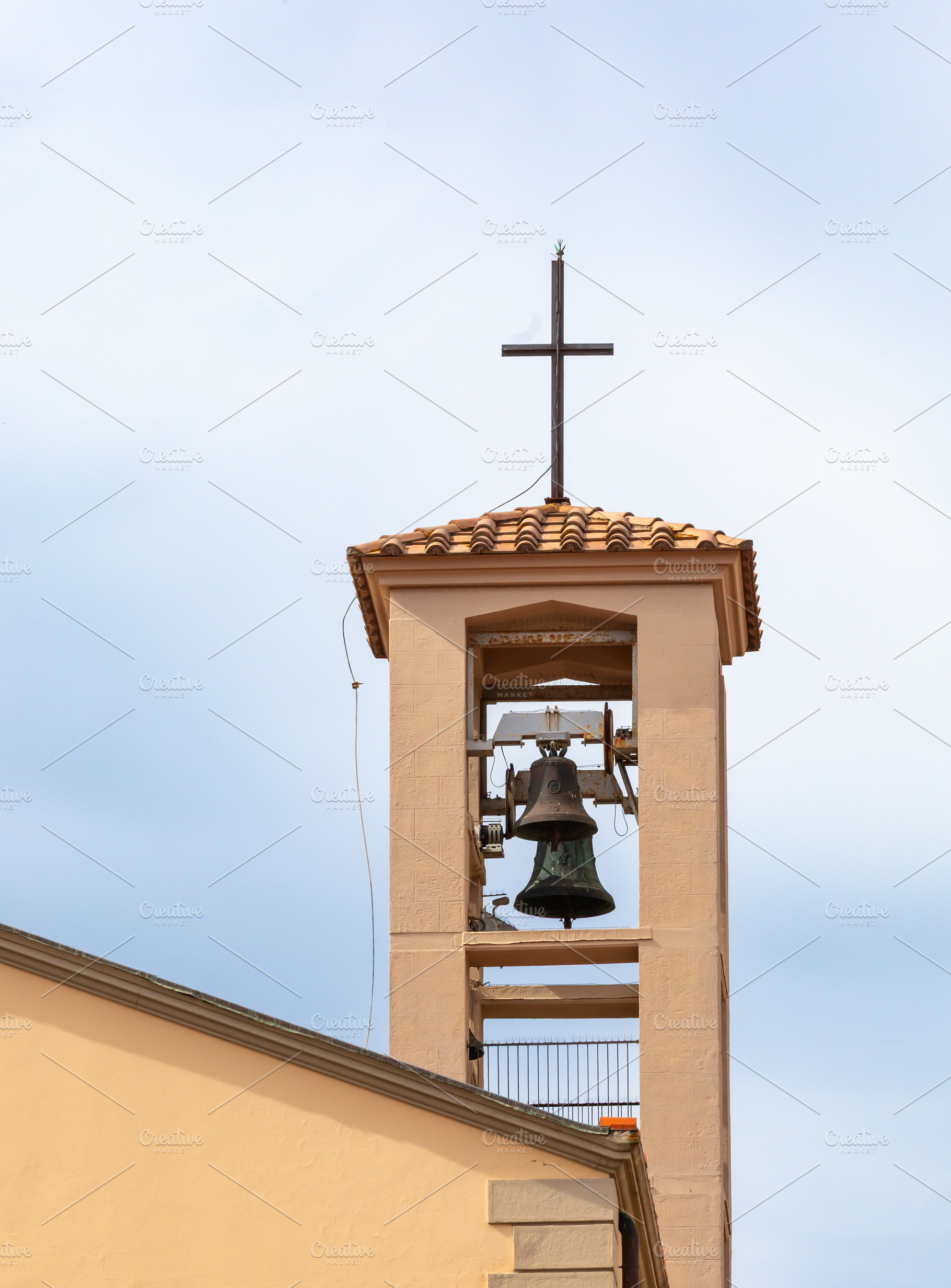 Bell tower with cross of Conservatorio Santissima Annunziata in Empoli, Tuscany, a Photo by Antonio Gravante Market