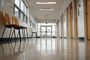 Bright, empty school hallway with, a School & Education Photo by MistyDay