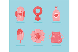 six female menstruation icons, a Healthcare Illustration by studiogstock
