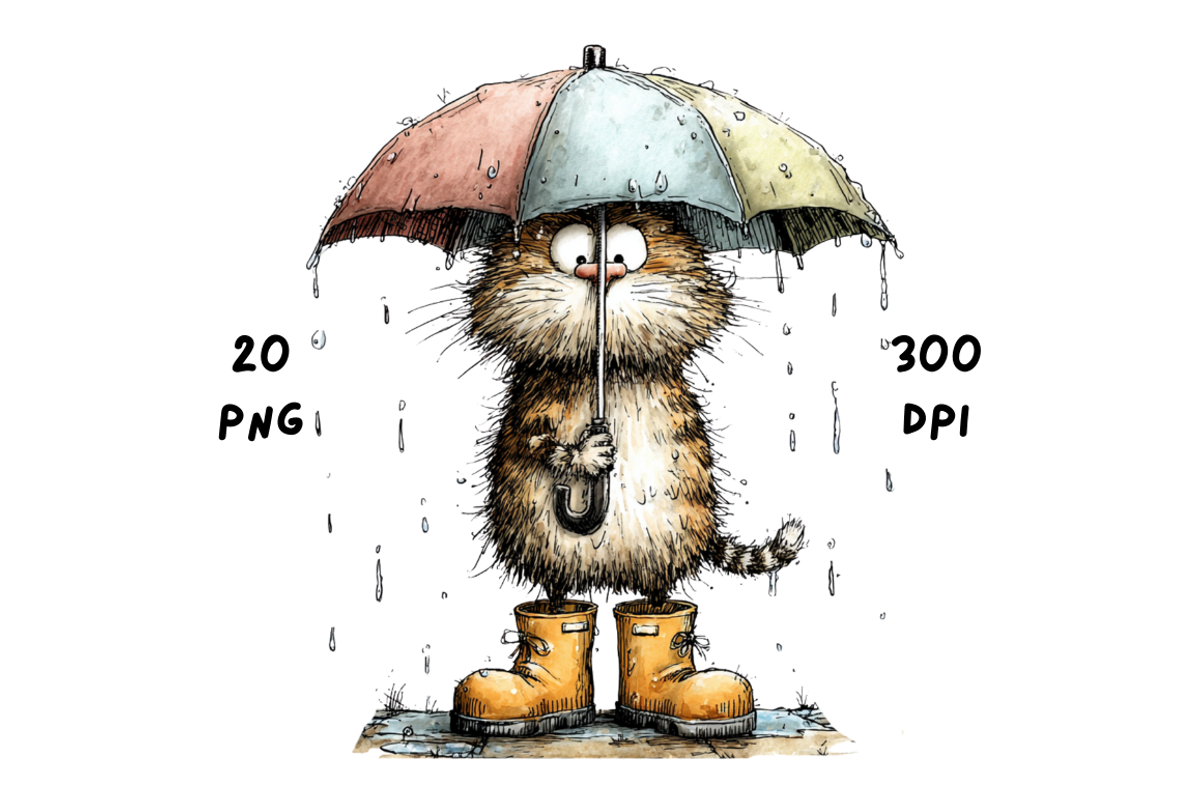 Whimsical Funny Rainy Cat Clipart, an Animal Illustration by GiraffeCreative (Photo 8 of 20)