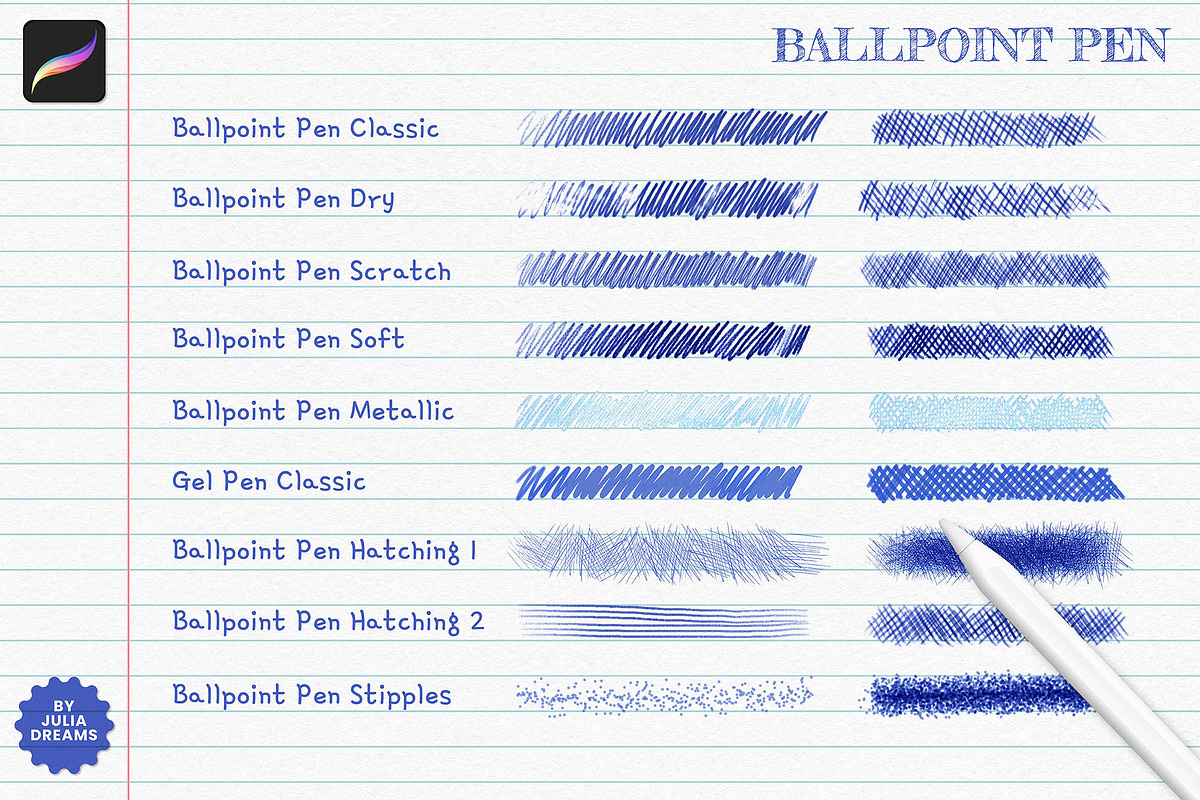 Ballpoint Pen Brushes for Procreate, a Brush Add-On by Julia Dreams (Photo 2 of 6)