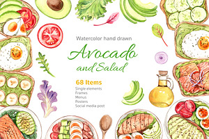 Avocado and Salad Watercolor, a Food Illustration by CreativeValuation