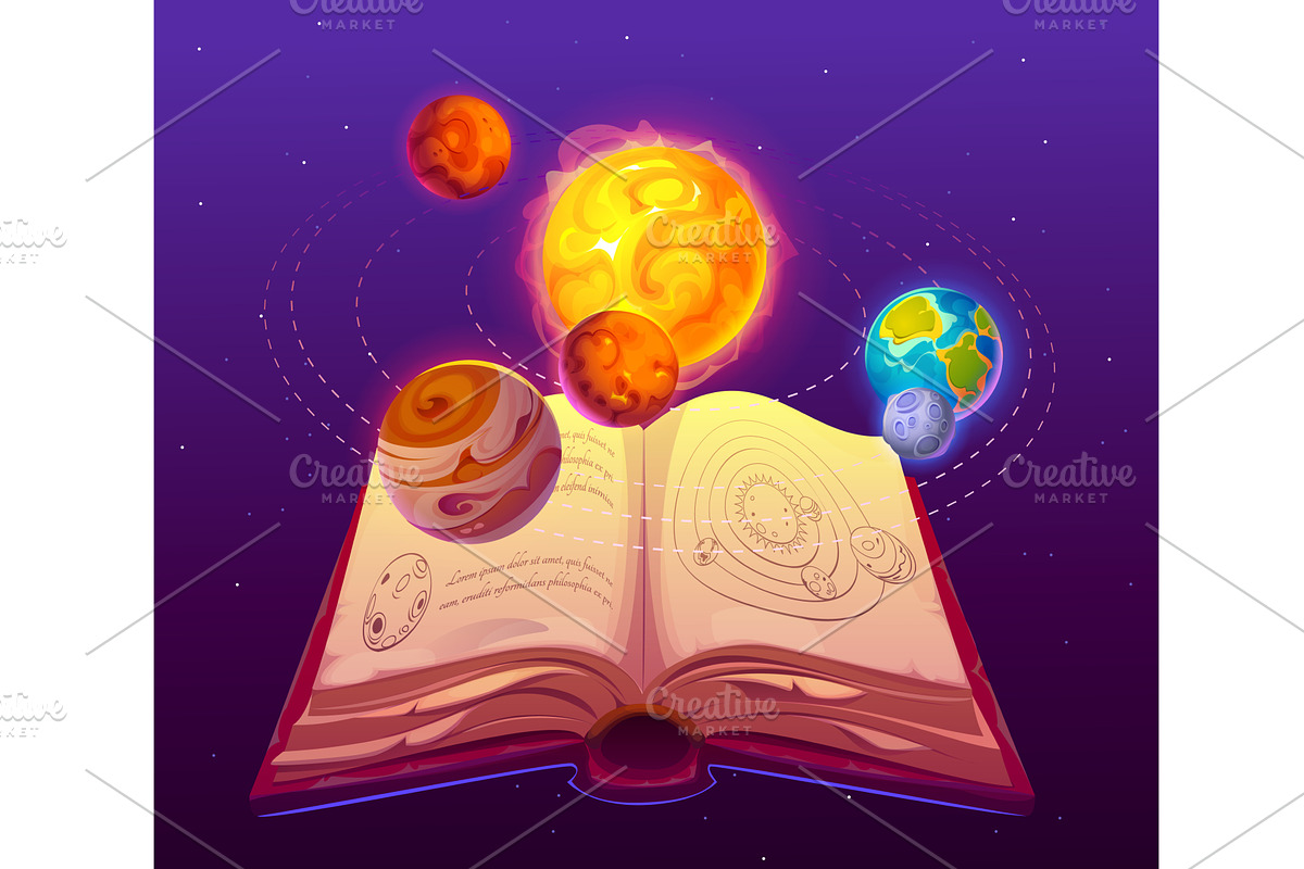 Old magic book, space planets, a Technology Illustration by Vector Tradition