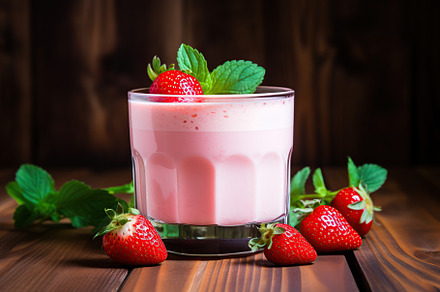 Strawberry milk cocktail in glass with berries on wooden background, a Food & Drink Photo by AlyaAnd
