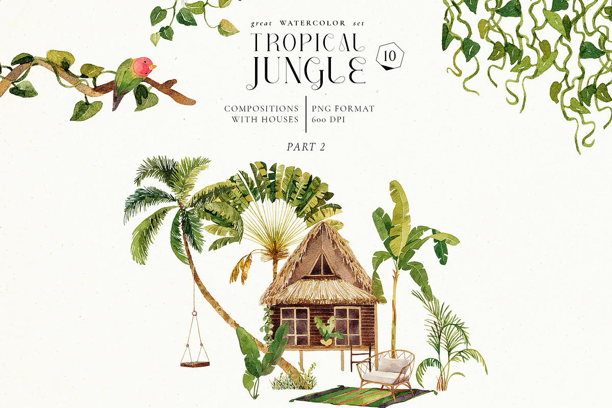 Tropical jungle - watercolor set, a Decorative Illustration by Pamyatka Shop (Photo 10 of 27)