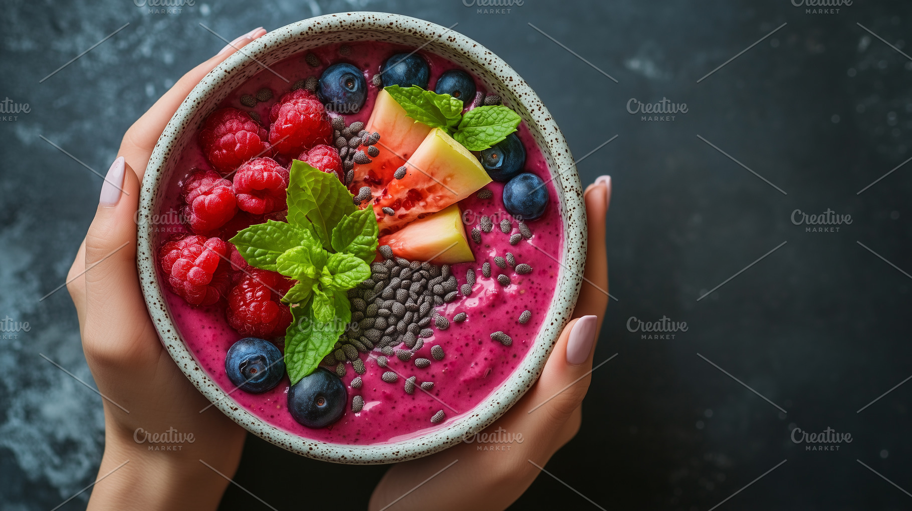 Smoothie bowl topped with raspberry, a Food & Drink Photo by MistyDay