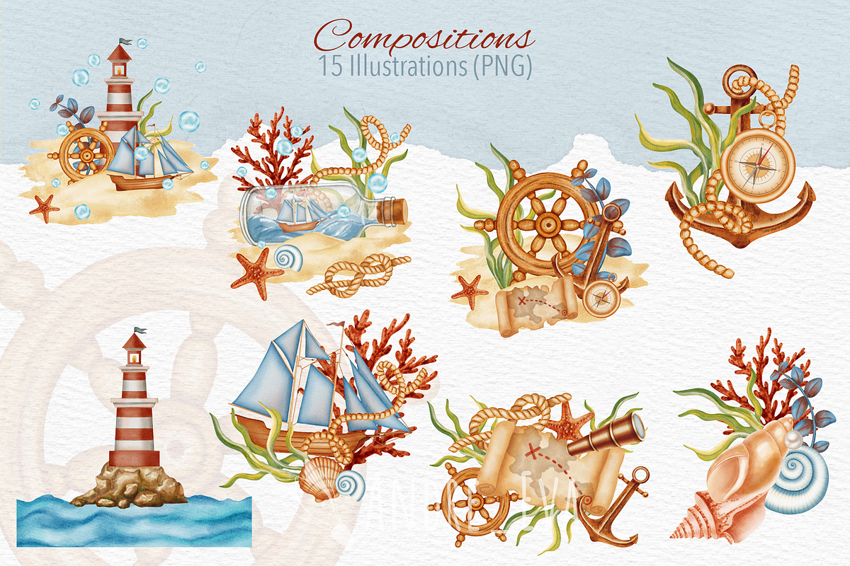 Sea Voyage Watercolor Clip Art, an Object Graphic by Andre_Eva (Photo 4 of 12)