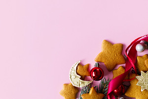 Christmas background with star gingerbread cookies, crescent moo