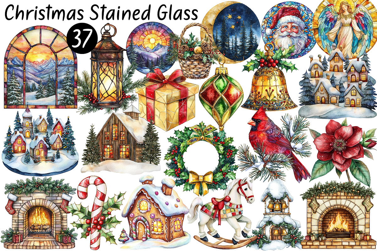 Christmas Stained Glass Clipart, a Seasonal Illustration by CitraGraphics (Photo 1 of 8)