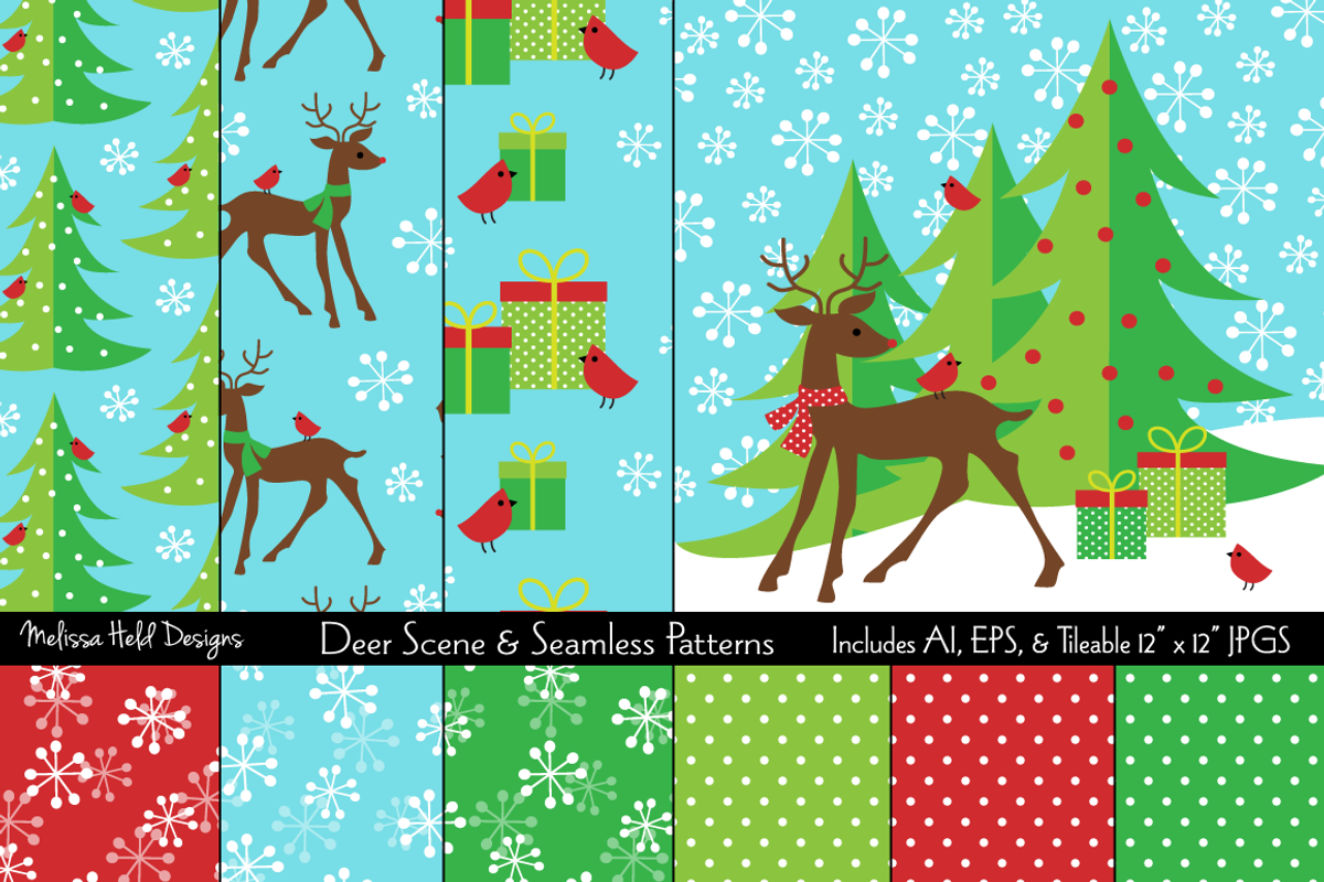 Deer Scene & Seamless Patterns