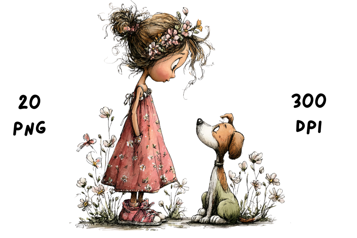 Whimsical Floral Girl and Puppy, an Animal Illustration by GiraffeCreative (Photo 4 of 20)
