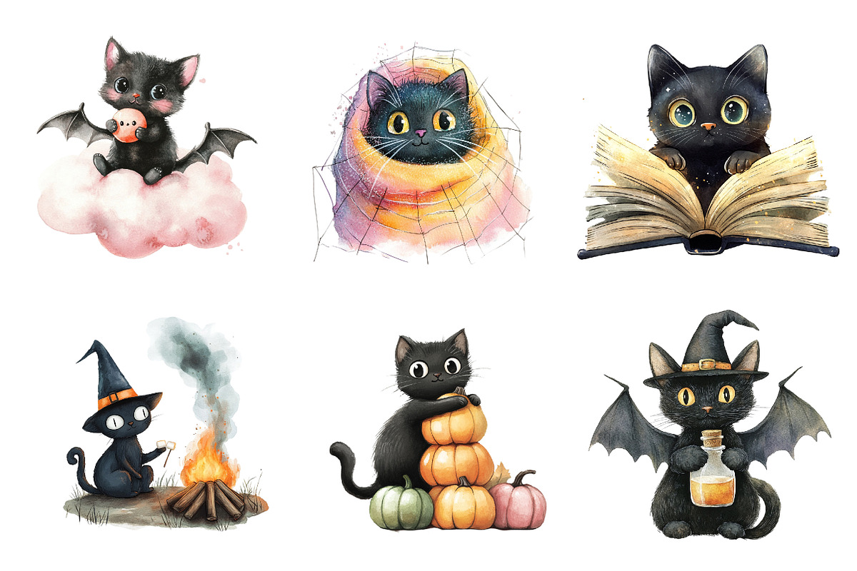 Cute Halloween Black Cats Clipart, an Illustration by CreationArt (Photo 2 of 5)