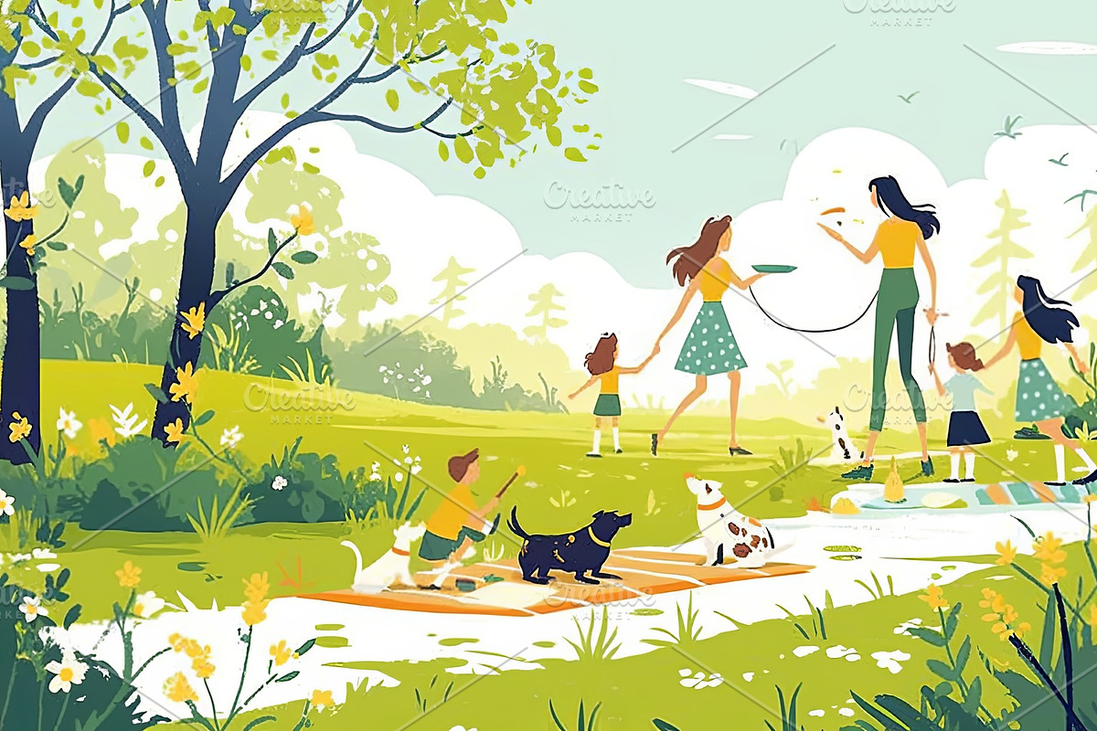 Family enjoying outdoor activities in a sunny park with their pets, an Illustration by AS photostudio