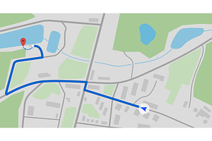 City map with arrow and route pin, a Transportation Illustration by SkyVectors