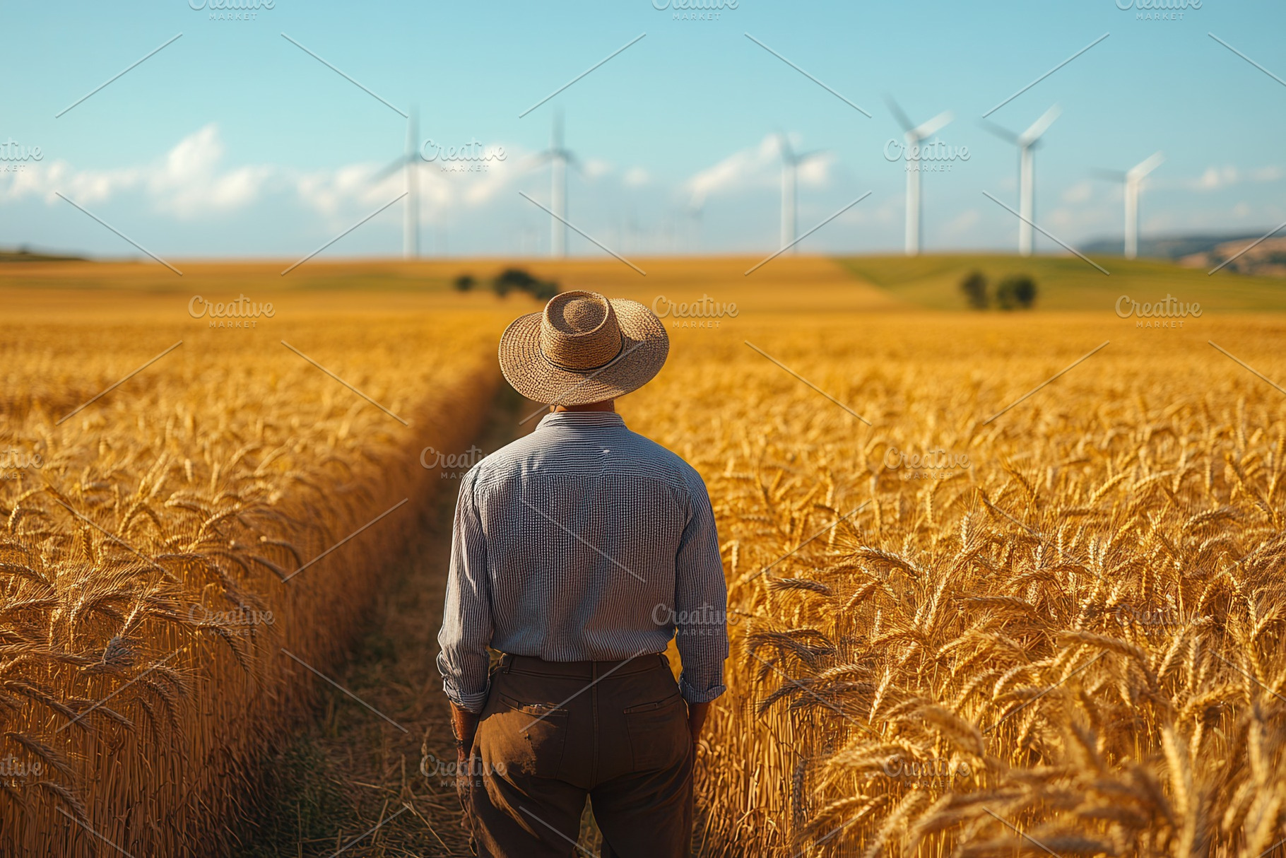 Farmer walking through golden wheat, a Photo by Tanuart