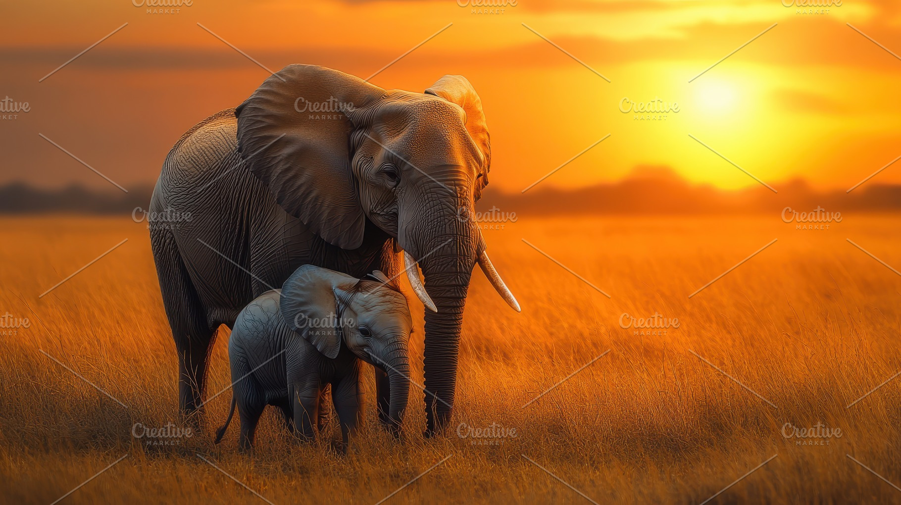 Elephant mother and calf in golden l, an Animal Photo by Pixeness Studio
