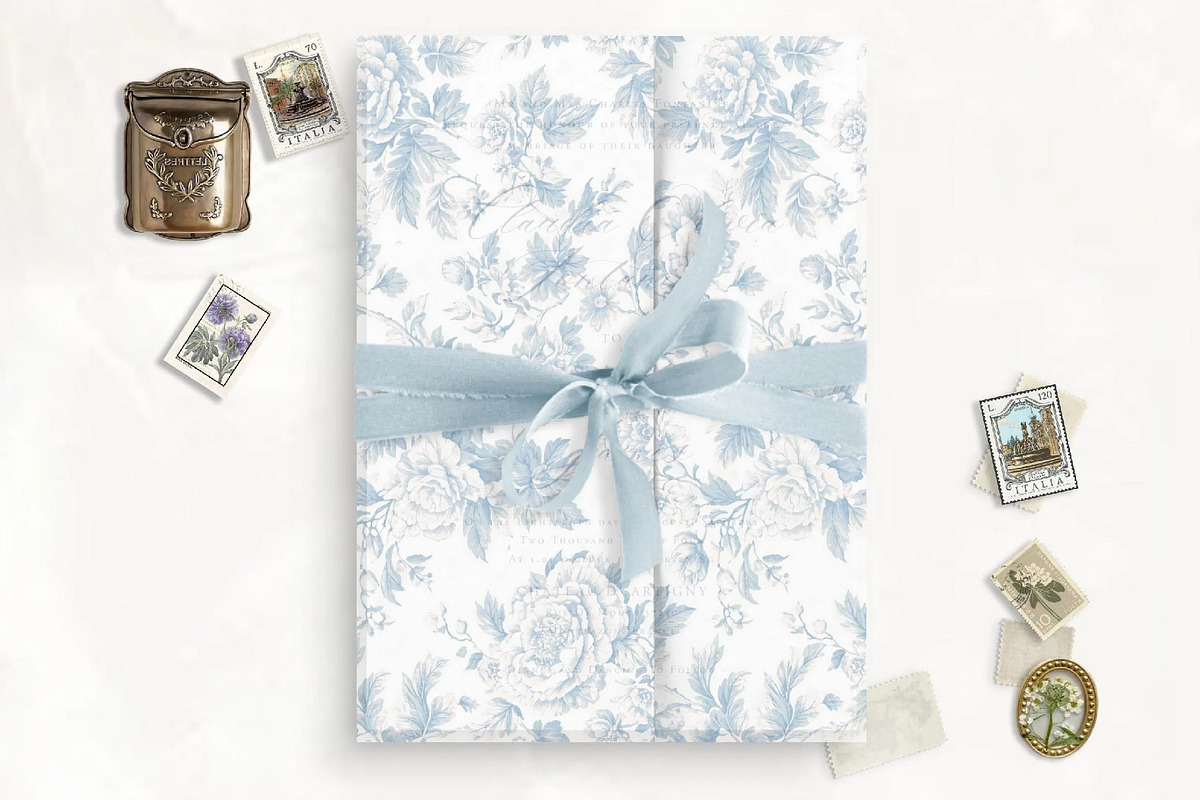 French Blue Botanical Toile Vellum, a Stationery Template by SilverJoyAtelier (Photo 3 of 3)
