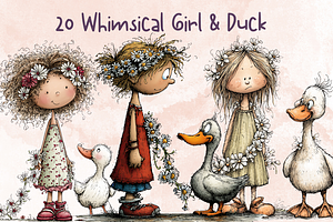 Whimsical Floral Girl and Duck, an Animal Illustration by GiraffeCreative