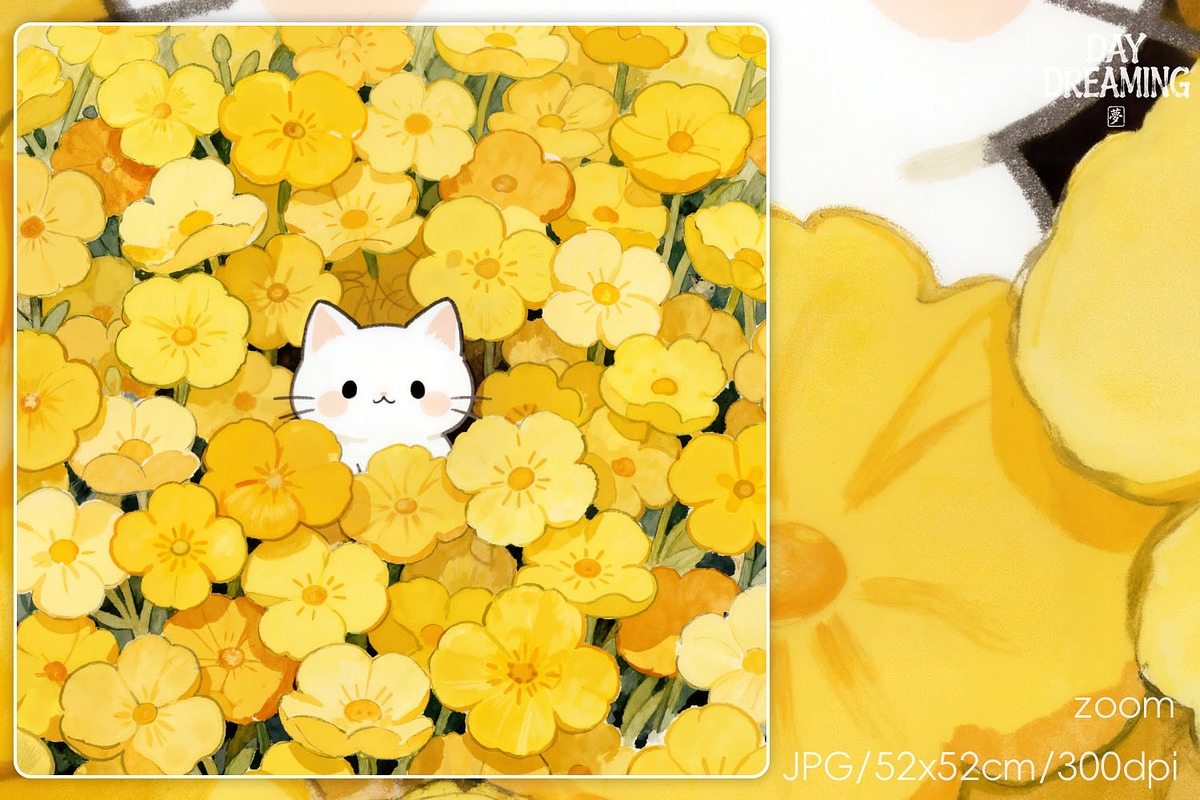 White Cat in Yellow Flower Field, an Animal Illustration by yahu88studio (Photo 3 of 3)