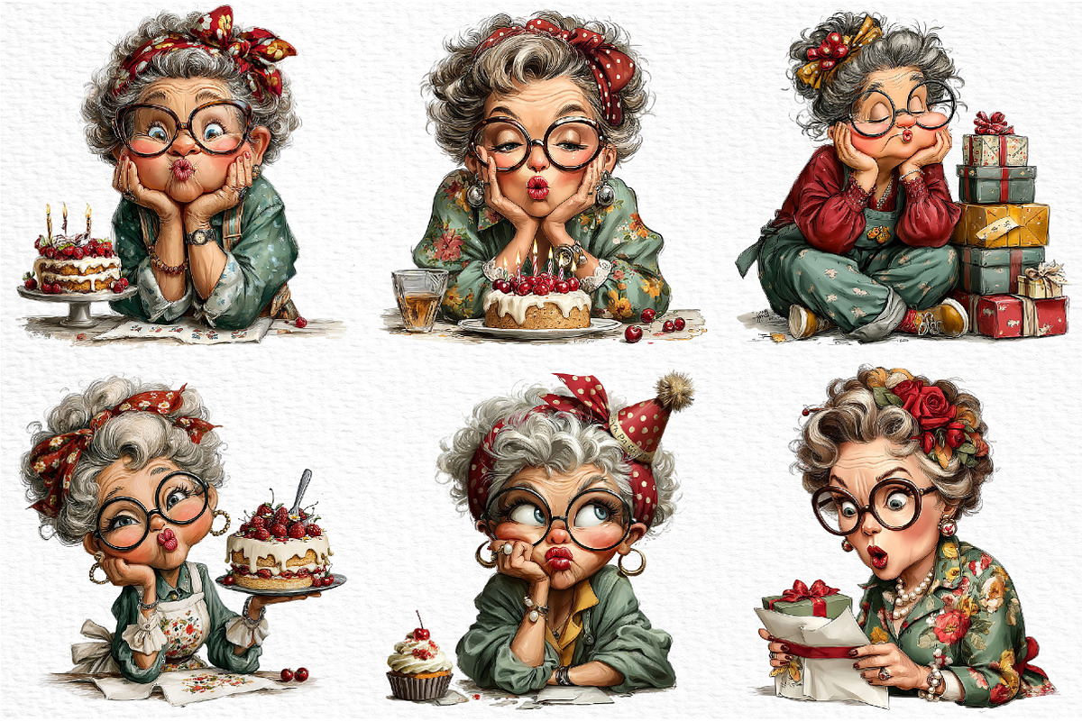 Whimsical Old Lady Birthday Clipart, an Illustration by Craft Nest (Photo 4 of 12)