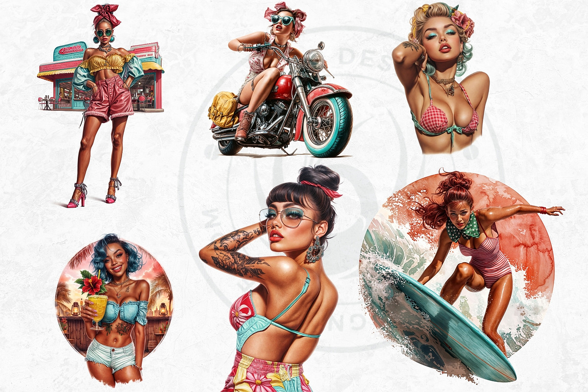 Rockabilly Summer Girls Clipart Set, a Person Illustration by ThatsDesignArt (Photo 8 of 10)