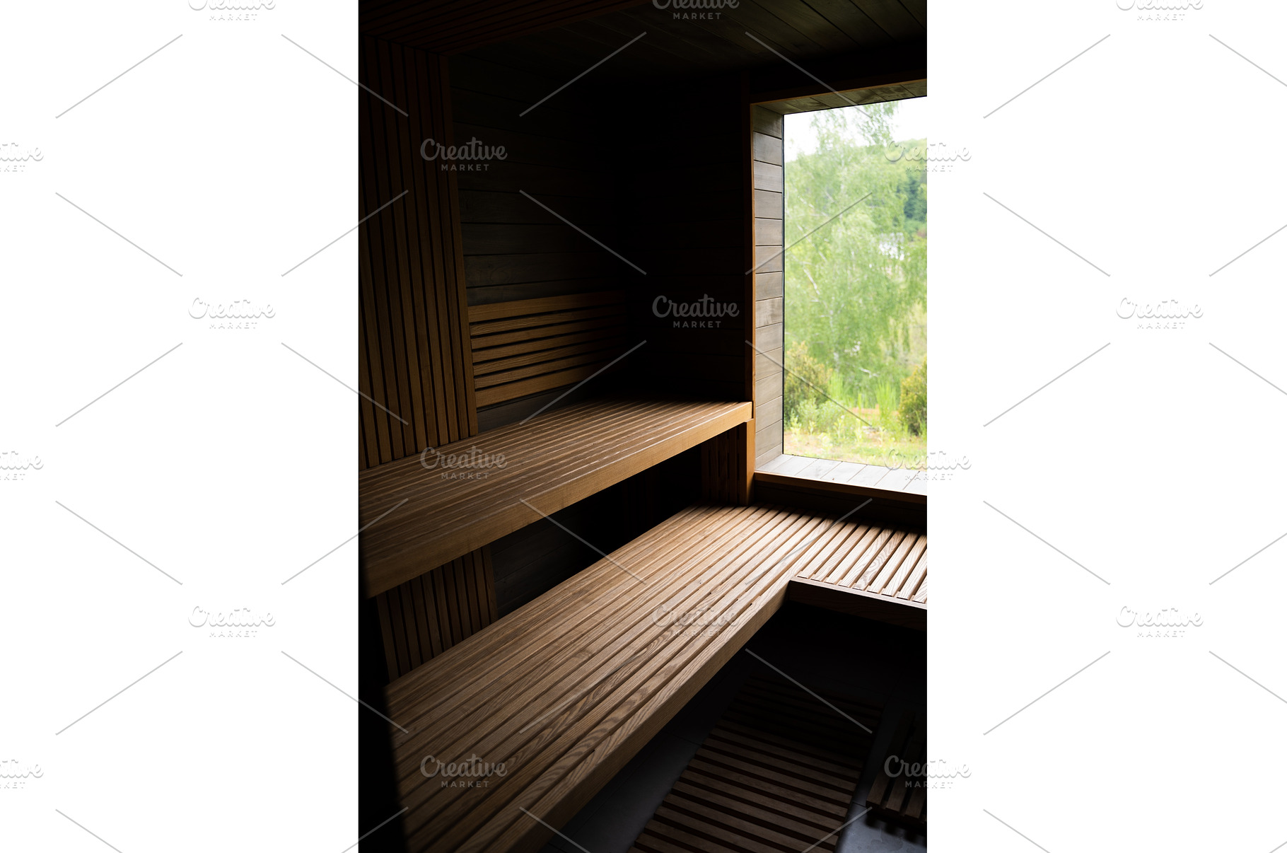 Modern wooden sauna interior with, a Health & Medical Photo by volodymyrshtun13795