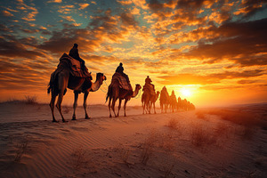 Camel Caravan Sunset Desert Journey, an Animal Photo by Pixeness Studio