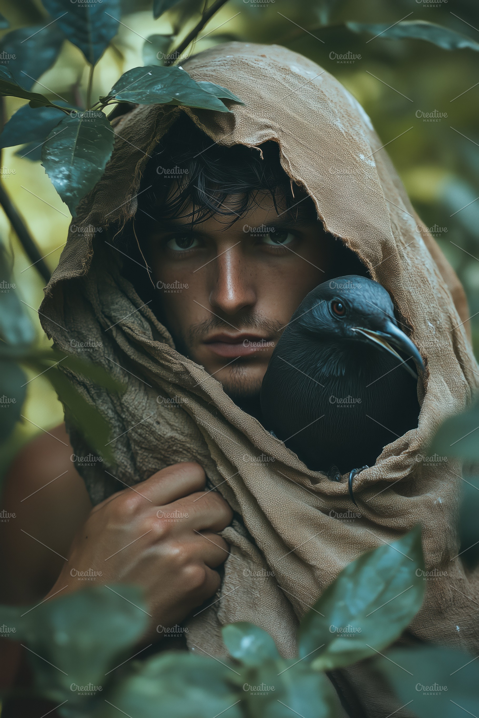 A young ornithologist man with dark hair wrapped in a brown cloth, holding a bl, a Person Photo by Textures & Backgrounds