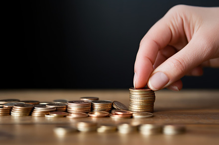 Stack of coins and female hand on wooden background, a Business Photo by AlyaAnd