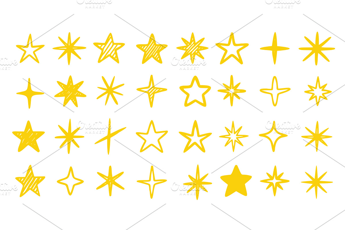 Hand Drawn Gold Doodle Star Set, an Object Illustration by Lemberg Vector