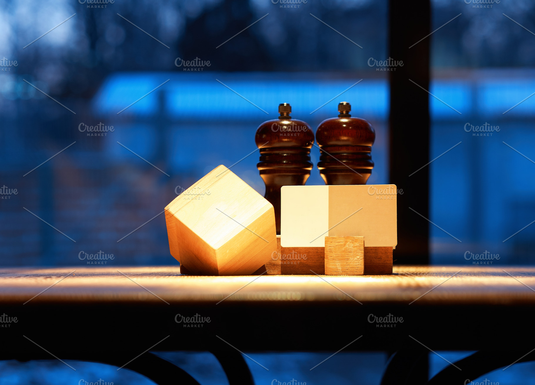 Prepared restaurant empty table with salt and pepper backdrop, a Food & Drink Photo by RETROWAVE '88